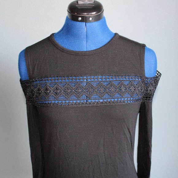 YYIGAL Women's Black Cold Shoulder Long Sleeve Blouse ~S~ - Picture 2 of 7